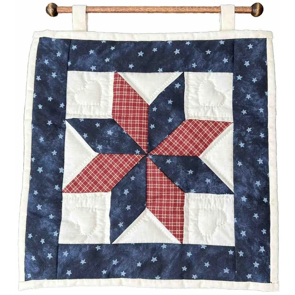 Handmade Quilt Wall Hanging Folk Americana Star Country Barn Red Blue Quilted
